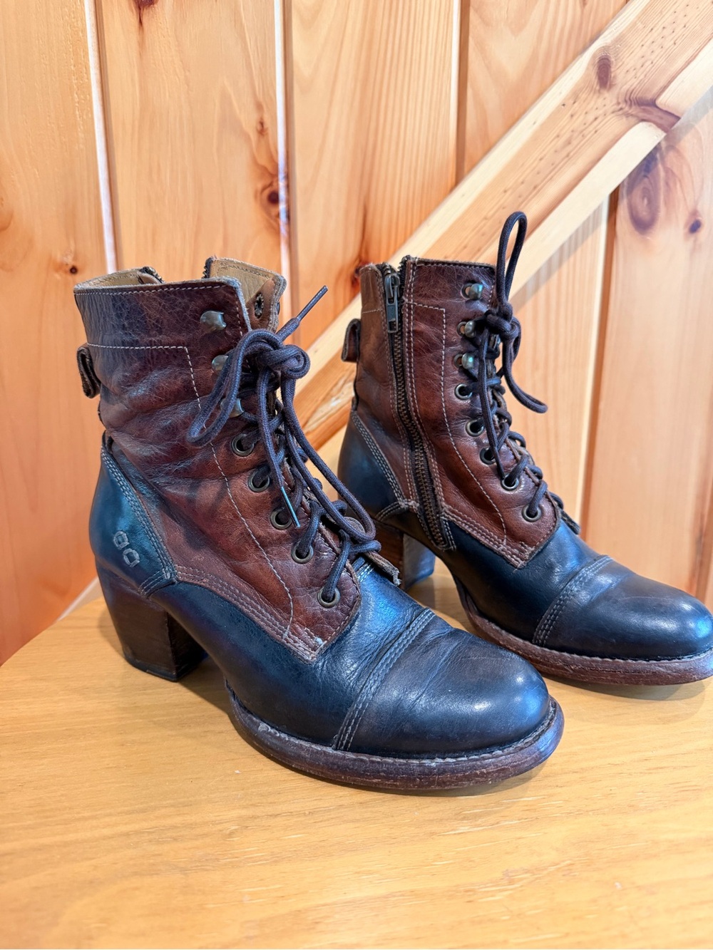 Bed Stu Two-Tone Leather Lace-Up Ankle Boots — Black & Brown